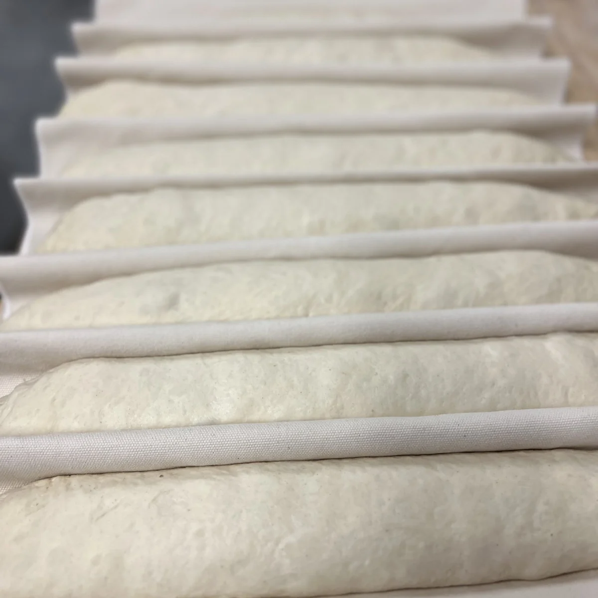 Baguette dough proofing in linen couches